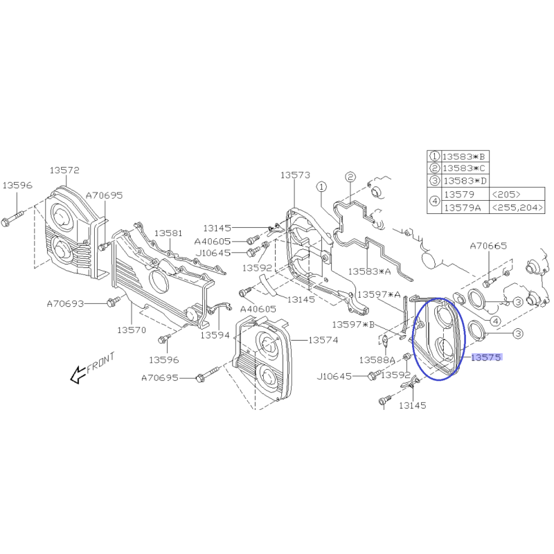 Temporização da cobertura da correia Interior LH Subaru com motores EJ DOHC (não STI) / 13575AAA103