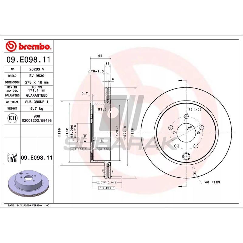 Disc de frână spate BREMBO pentru Subaru Forester SJ / 26700SG000