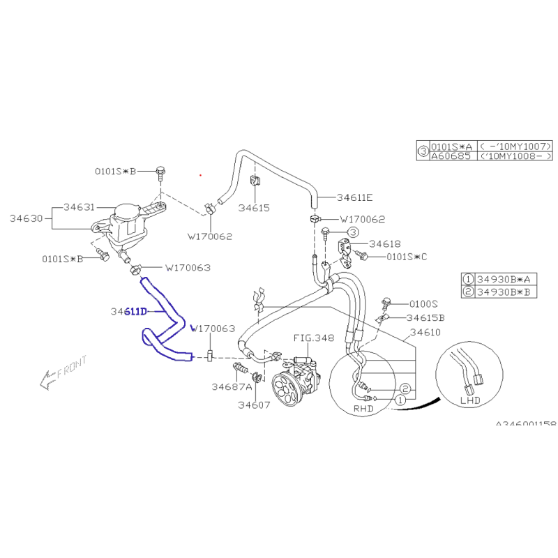 Slangeindløb til styrepumpeolie til Subaru Legacy / Outback / Impreza / 34611AG010